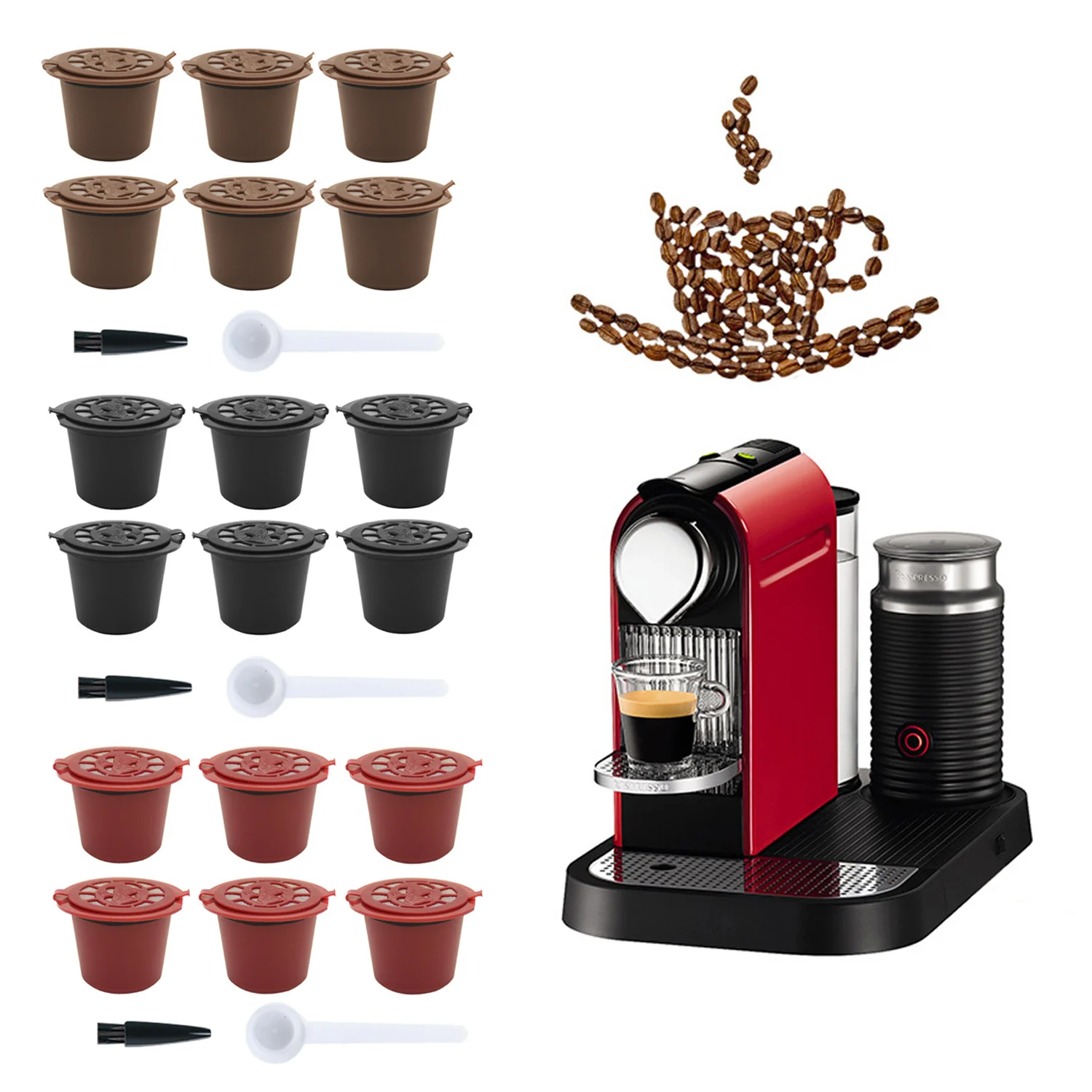 Behogar 6PCS Refillable Reusable Capsule Cup Filter with Spoon Brush for Nespresso Coffee Machine Coffee Capsule Filters 