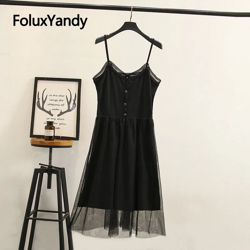 

2019 New Summer Spaghetti Strap Dress Black Vestidos Women Plus Size Slim Stretch Lace Mesh Sleeveless A-line Dress KKFY3803
