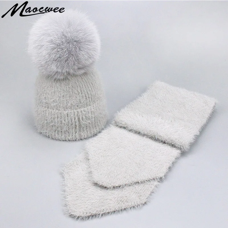 grey pom pom hat and scarf