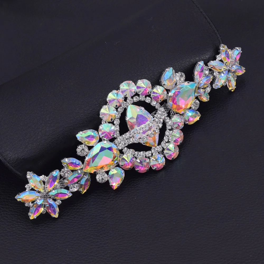 

2pcs/lot gorgeous AB color glass Rhinestone bling strass belt sash patch appliques sew on decorations for women dress garment