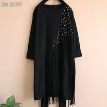 82 Женская Весенняя и осенняя футболка с длинным рукавом, свободная, плюс размер, бисероплетение, кисточка, Базовая рубашка, длинный дизайн, Однотонная футболка