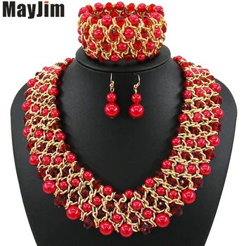 

MayJim Statement fashion jewelry sets Handmade gold chain red african nigerian crystal bead dubai jewelry sets Vintage