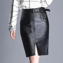 Новое поступление Офисная Женская мини-юбка выше колена из искусственной кожи черного и красного цвета WXH-054