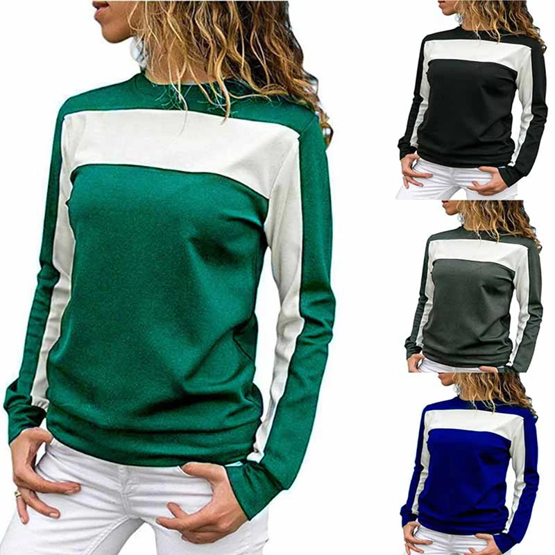 Ladies Color Block T Shirt Women O-neck Long Sleeve Tops Tee Shirt Plus Size Tshirt Women Patchwork Casual Pullover Tops