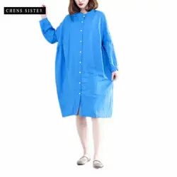 Quzihua 2018 мягкие льняные свободные одноцветное с длинным рукавом и стоячим воротником однобортный длинная рубашка для женщин; Большие