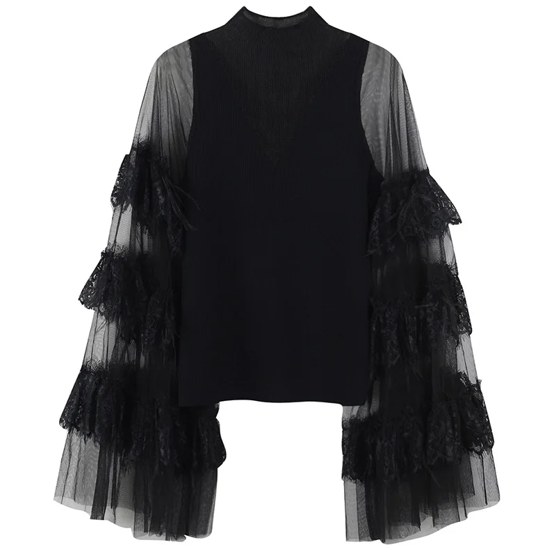 

Women Sweater Slim Elegant Feather Splice Mesh Spring Lace Jumper Transparent Pullovers Knit Top Runway