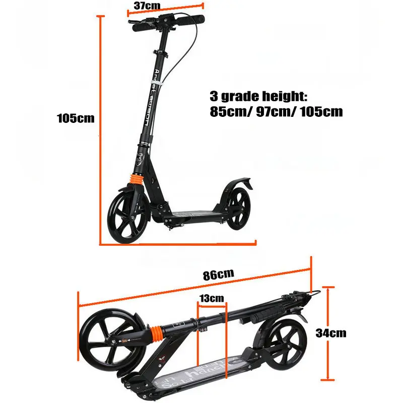 Adult Scooter with double shock absorption, double brake and 20cm PU wheel adult foldable kick scooter