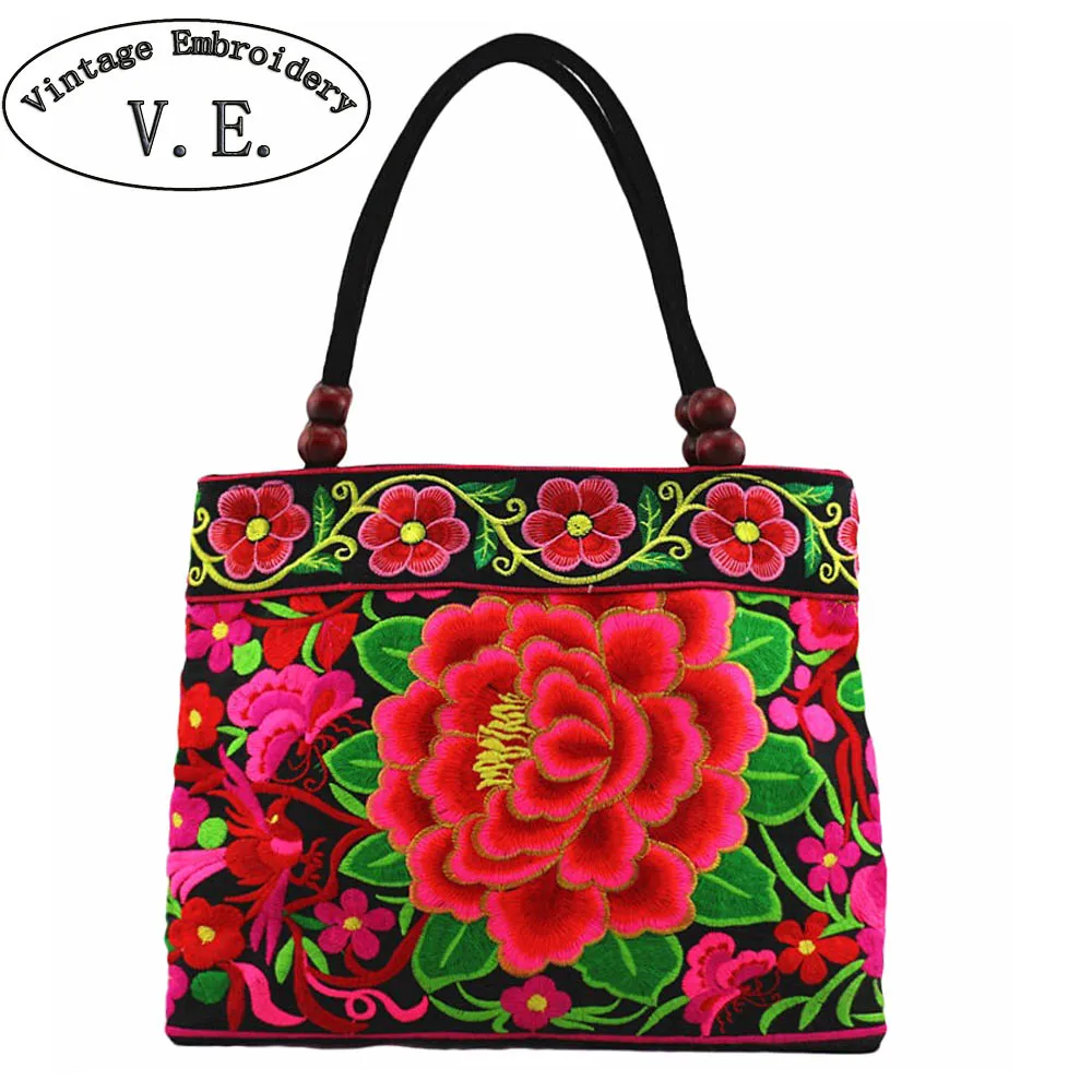 National Trend Embroidery Bags Women Double Faced Flower Embroidered One Shoulder Bag Small Tote Travel Handbag