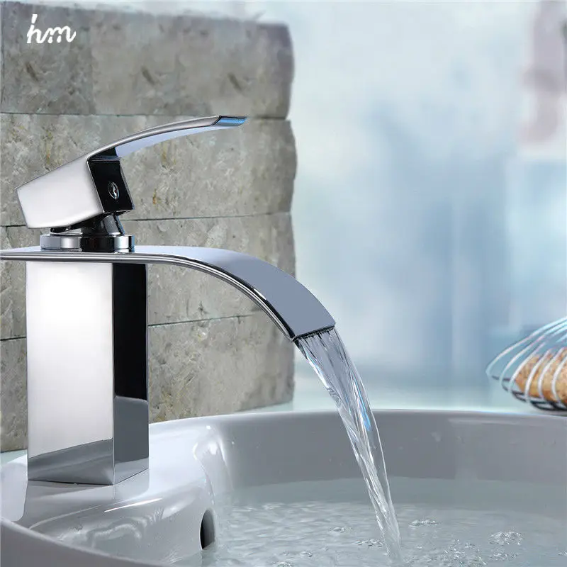 Hm accessoires de salle de bains, cascade robinets d'évier mélangeur à poignée unique en laiton, robinets d'eau de lavabo largement répandue finition chromée