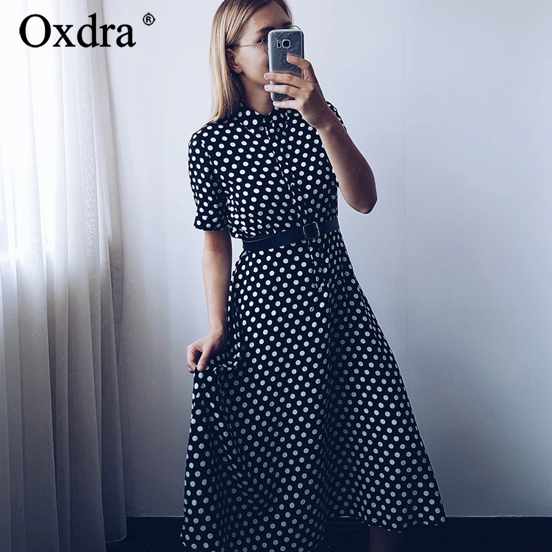

Oxdra 2018 Summer New Hot Vintage Black White Dot Dresses Womens Clothing Short Sleeve Turn Down Collar Midi Dress For Women
