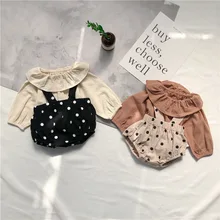 Летние комплекты для маленьких девочек милая блузка с оборками и принтом в горошек, милый комбинезон, комплекты детской одежды