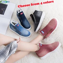 Зимняя женская обувь; зимние ботинки из джинсовой ткани; Теплая Флисовая Классическая обувь на плоской подошве с высоким берцем и круглым носком; кроссовки; Zapatos De Mujer