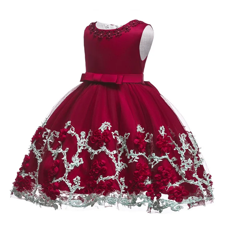 Коллекция года, костюм принцессы Детские платья для девочек праздничное платье с цветочным рисунком для девочек Элегантное свадебное платье для девочек 3-10 лет - Цвет: Wine red