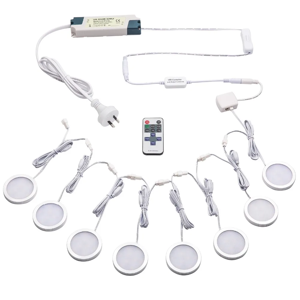 

AIBOO LED Under Cabinet Lights Linkable Kit Slim 8 Puck Lights with Wireless RF Remote Control & Hardwired with AU Plug