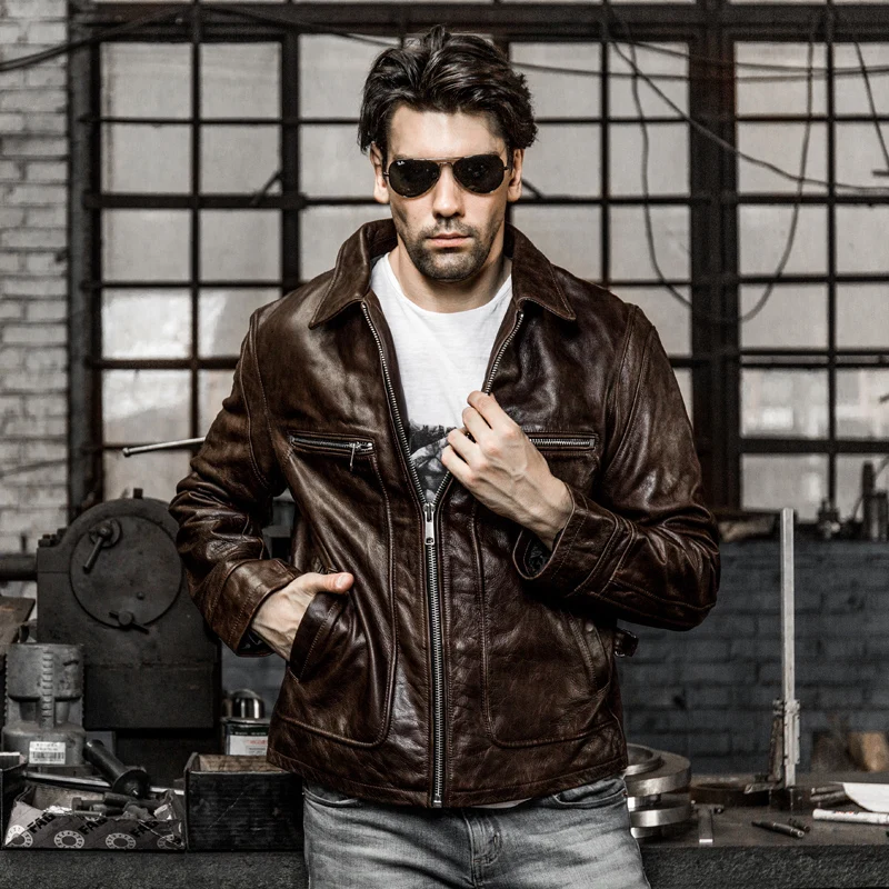 

mens cow leather clothing male cattle leather jacket slim genuine cowhide leather motorcycle rider jacket