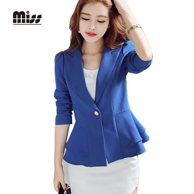 MISS 2016 Women Royal Blue Blazer Suit Work Ruffle Long Sleeve Candy