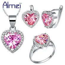 Almei модные роскошные наборы ювелирных изделий с розовым цирконием в винтажном стиле в виде сердца для женщин Свадебная Серебряная цветная Серьга ожерелье кольцо набор T435