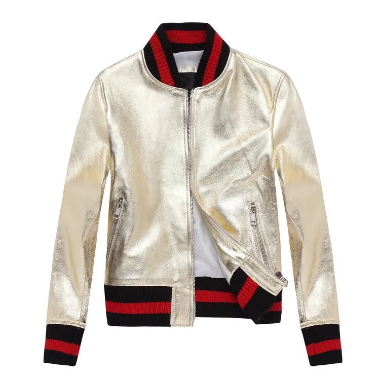 Fashion Gold/silver sheepskin bomber jackets Chic women's baseball uniform coat Real leather Jackets coat S531