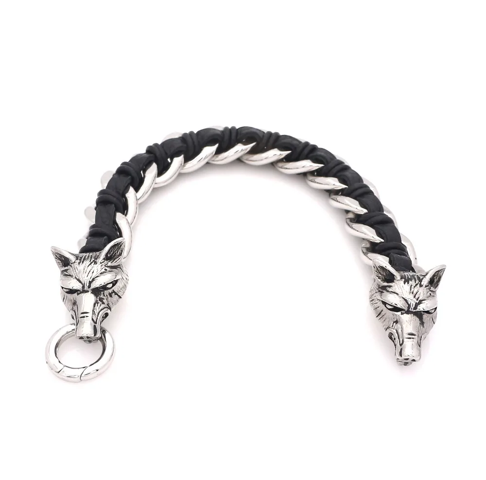 JSBAO Silver Colour Men Bracelet Stainless Steel Leather Fashion Vintage Jewelry Accessories Parataxis Wolf Bracelet Men Jewelry