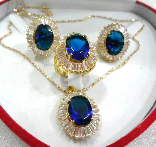 

fine 10*14mm blue zircon earring pendant ring #7,8,9 5.31