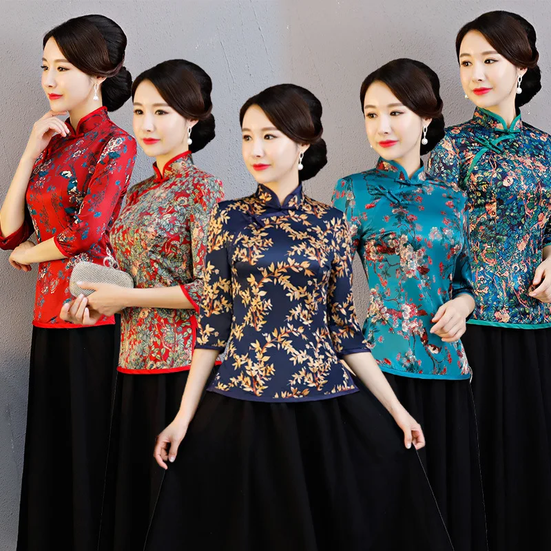 

New Arrival Chinese Tradition Women's Blouse Silk Shirt Tops Summer Printing Clothing Flower Plus Size M L XL XXL 3XL 4XL 5XL