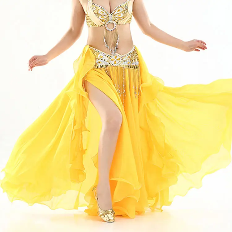 Горячая Распродажа, профессиональная юбка для танца живота, 13 цветов, сексуальная Длинная юбка для фламенко, с разрезом по бокам, для женщин, девушек, костюм для танца живота, юбки - Цвет: Цвет: желтый