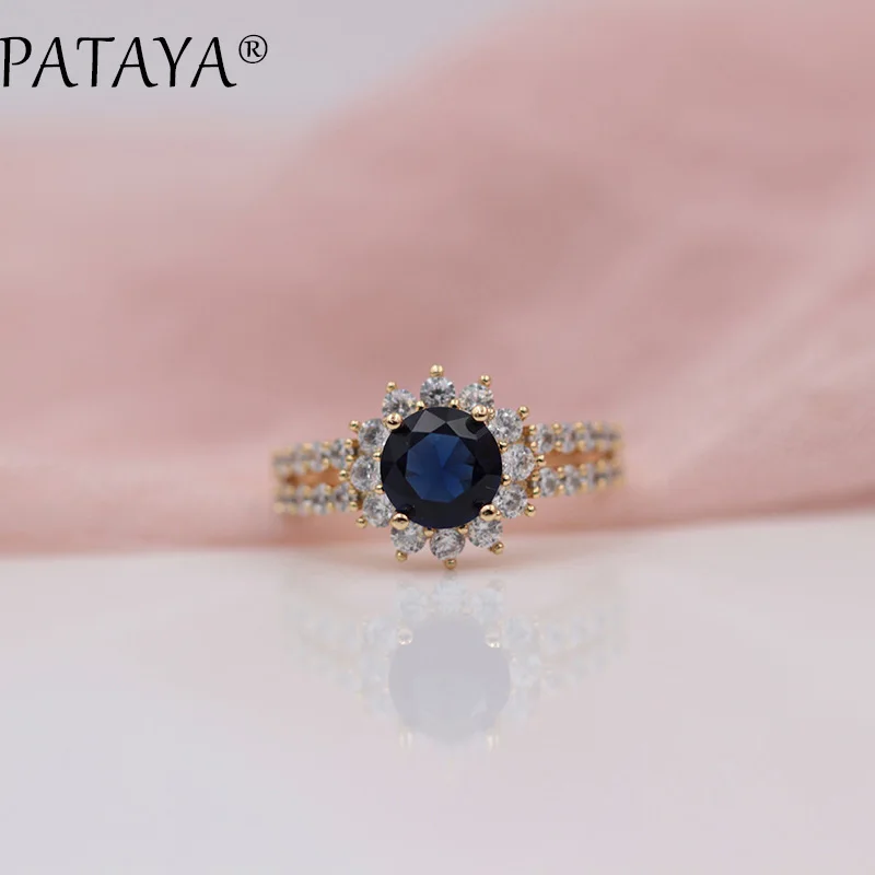 

PATAYA New Arrivals Women 585 Rose Gold Luxury Romantic RU Hot Wedding Party Jewelry Sunflower Dark Blue Natural Zircon Rings