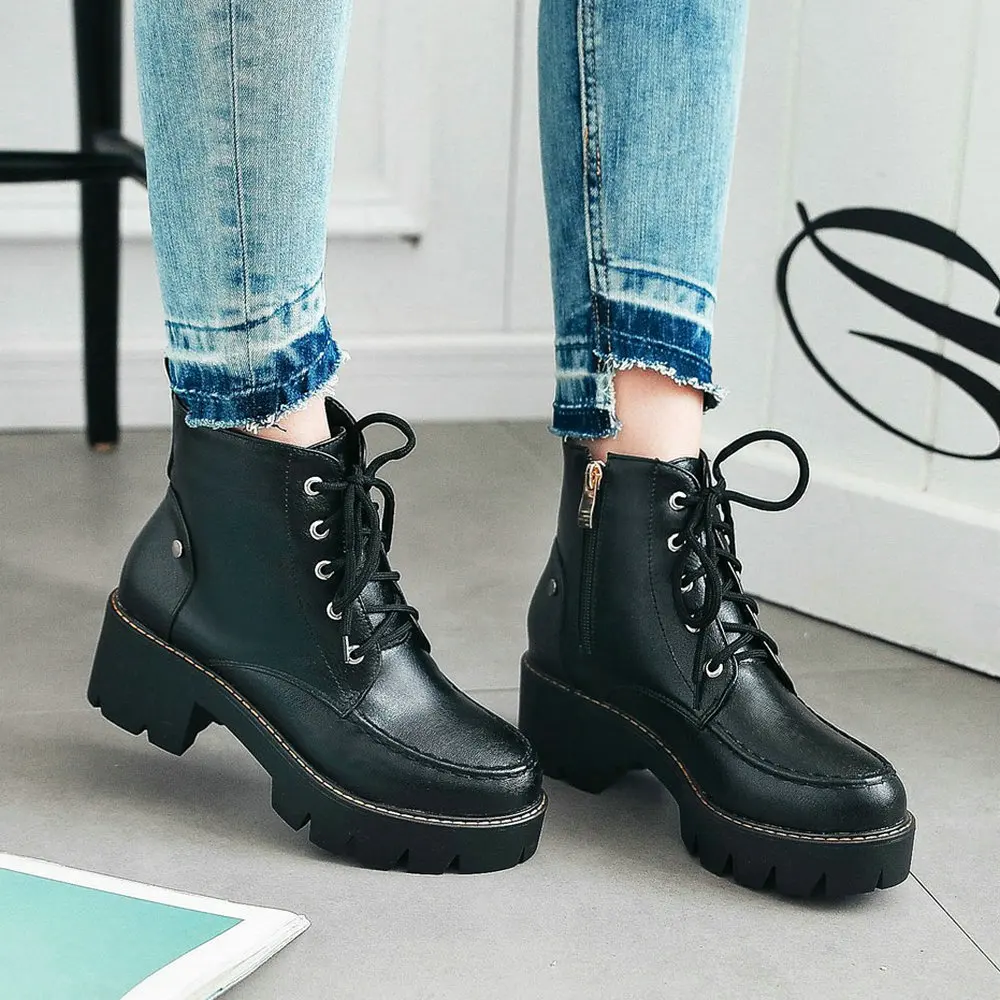 

Women Platform Boots Pu Leather Thick Heel Ankle Boots Zipper Lace Up Round Toe Spring Autumn Fashion Ladies Shoes Plus Size