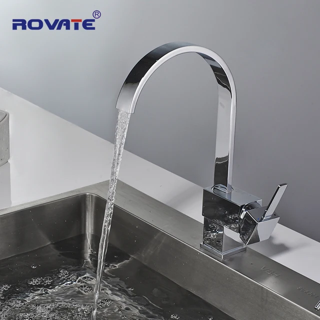 Cheap ROVATE Kitchen Faucet Single Handle Square Brass Chrome Swivel 360 Degree Water Mixer Sink Taps