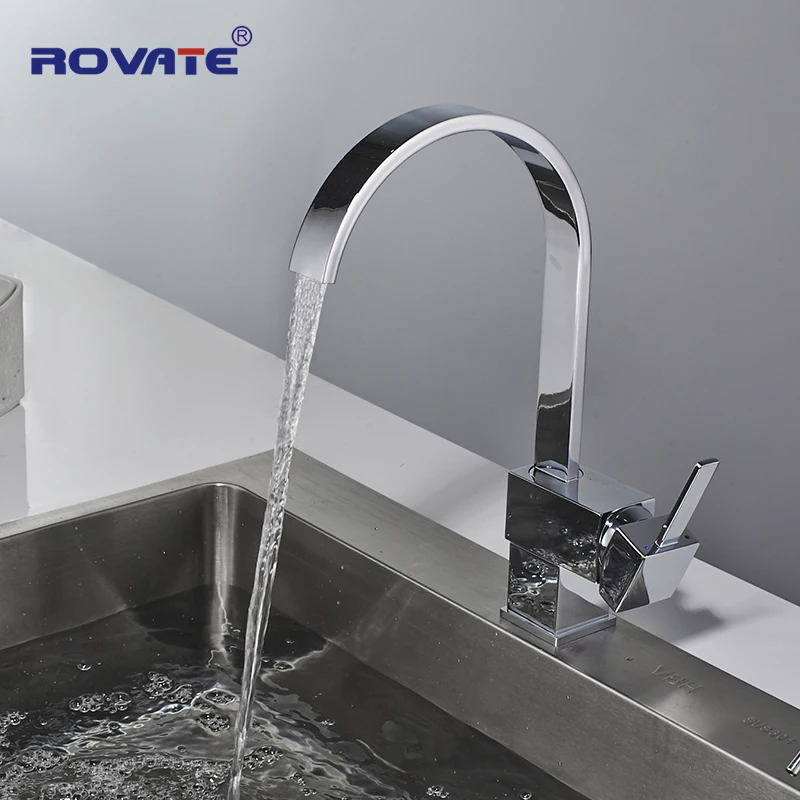  ROVATE Kitchen Faucet Single Handle Square Brass Chrome Swivel 360 Degree Water Mixer Sink Taps - 32864551425