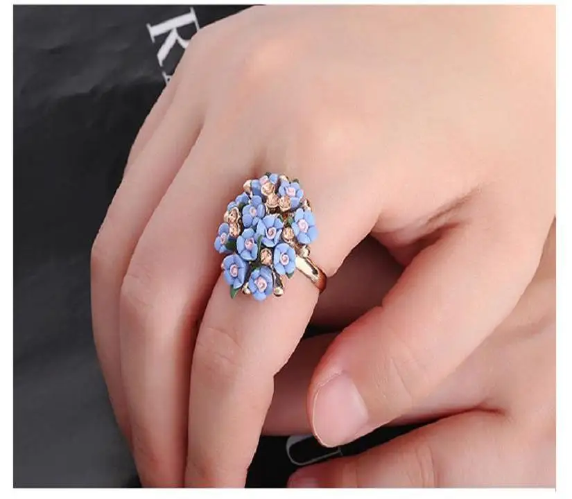 H: HYDE модные свадебные Кольца Ювелирные Изделия Bague Femme розовый цветок Кольца для женщин Летний стиль 7 цветов керамический цветок Anillos Mujer - Цвет основного камня: Blue
