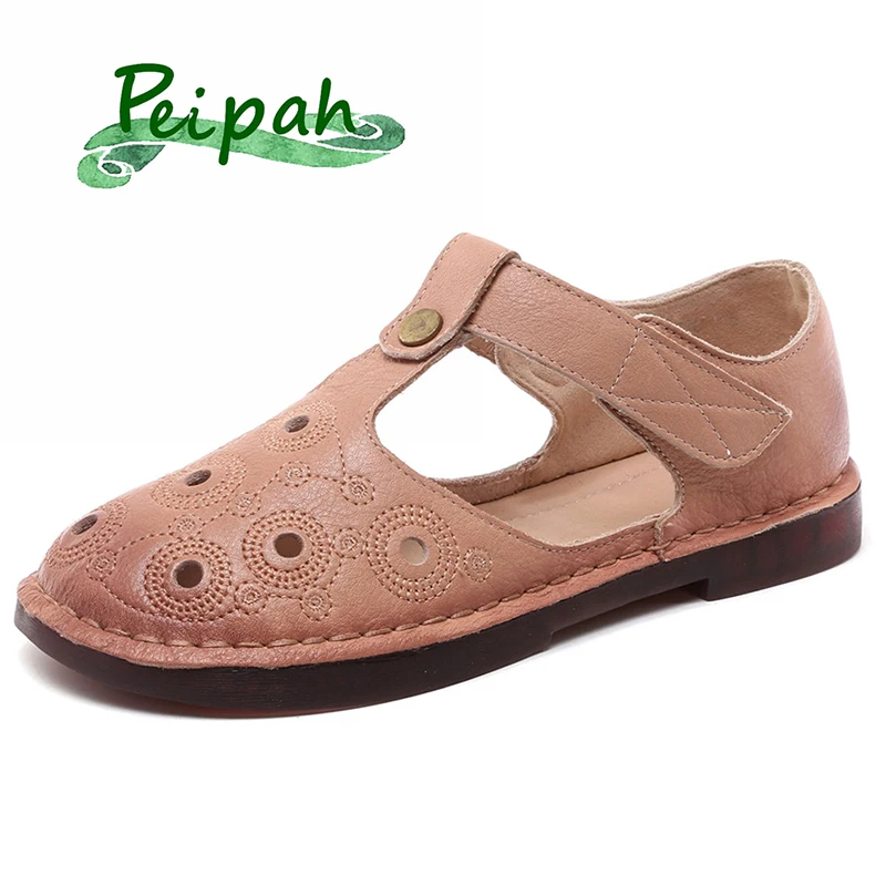 Popular PEIPAH Summer Genuine Leather T-shaped Women's Flat Sandals New Comfortable Casual Pregnant Women Shoes Hollow Zapatillas Mujer
