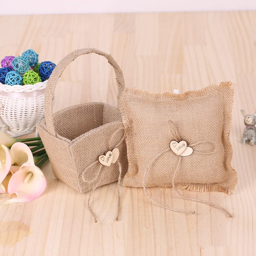

6*6'' Burlap Jute & Lace Flower Basket Vintage Burlap Double Heart Ring Bearer Pillow and Rustic Wedding Flower Girl Basket Set