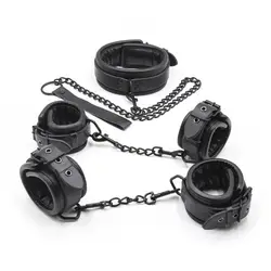 Черный из искусственной кожи наручники манжеты на лодыжки ошейниками и поводок бандаж Связывание фетиш взрослых БДСМ секс-игрушки для пар