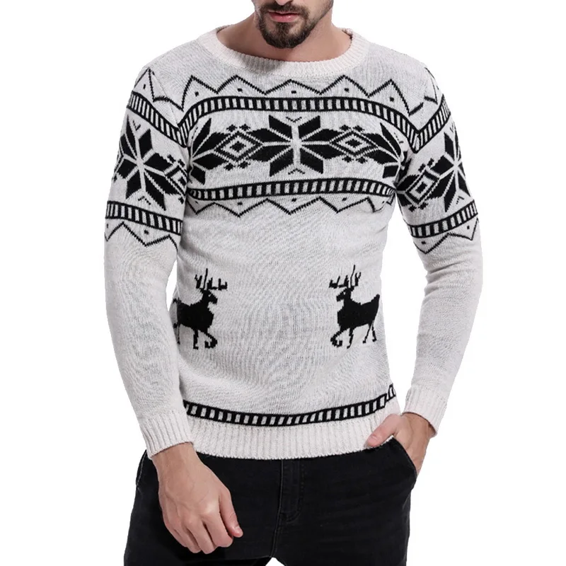 Mens causal o neck Christmas sweater fashion deer print Autumn Winter Pullover Knitted Jumper sweaters Slim Men Clothes - Цвет: white