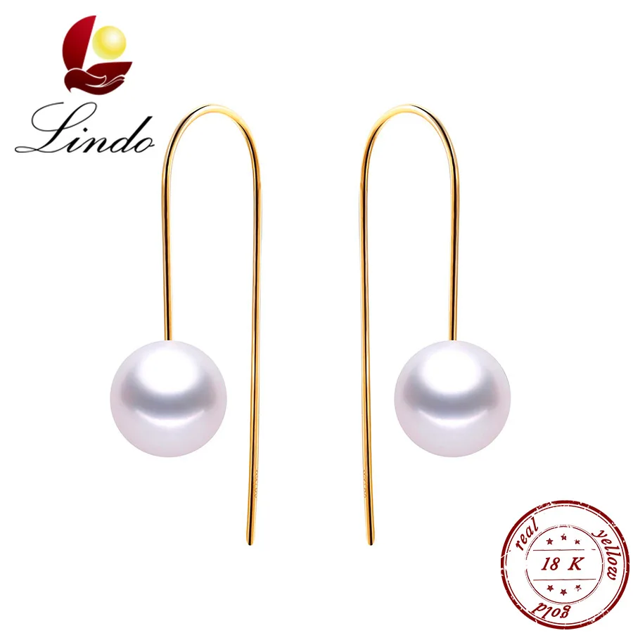 

Lindo 7-8mm Round Natural Pearl 18k Gold Drop Earrings For Women Fashion Yellow Solid Gold Long Earrings Wedding Jewelry WithBox
