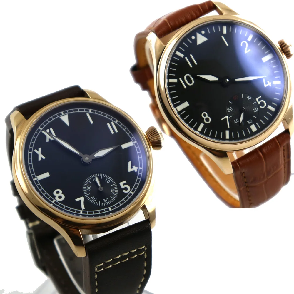 

44mm parnis Black Dial Rose Golden Plated Leather strap 17 jewel 6498 Hand Wind Mechanical men's Watch