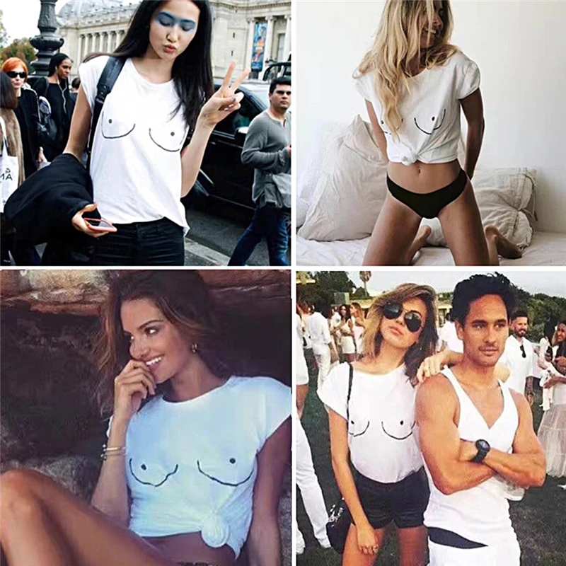 القطن النساء T قميص تيط المحملة الثدي تي شيرت مطبوع الرموز التعبيرية الشارع المعتوه المتناثرة