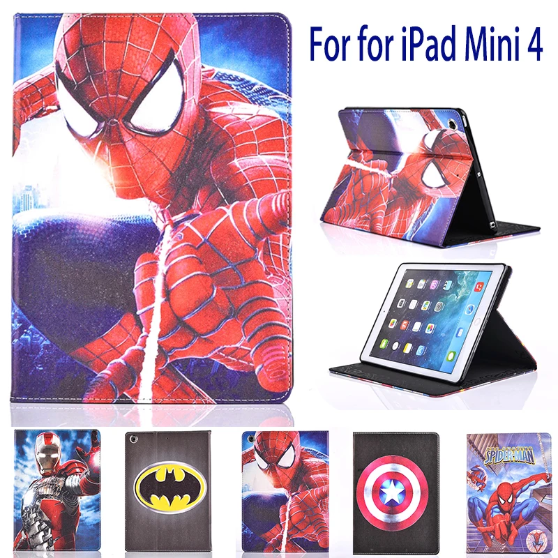 Iron Man Back Case For iPad mini Hot Cartoon Superman Spider man Batman Flip Stand Leather Smart Case Cover For iPad mini 4 case