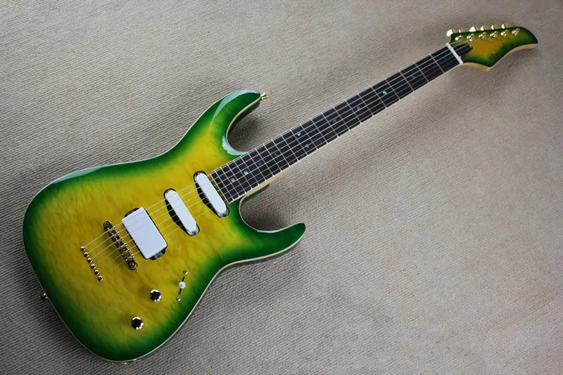 Factory custom yellow/green string-thru-body electric guitar with SSH pickups,golden hardware,body binding,can be customized