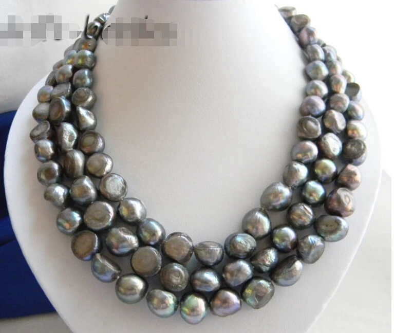 

fast 3Strands 18'' 12MM Baroque Gray Freshwater Pearl Necklace