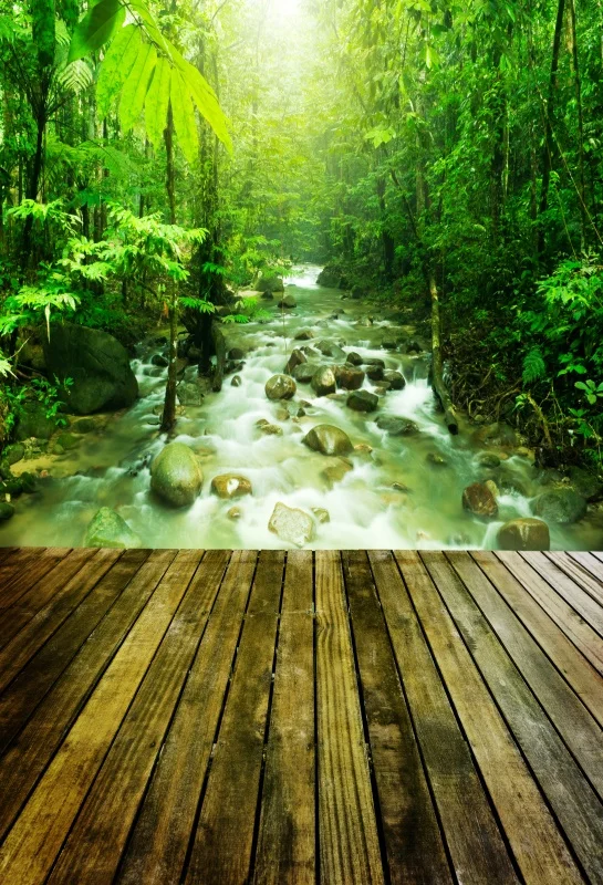 

Laeacco Spring Forest River Trees Wooden Floor Scenic Photography Background Customized Photographic Backdrop For Photo Studio