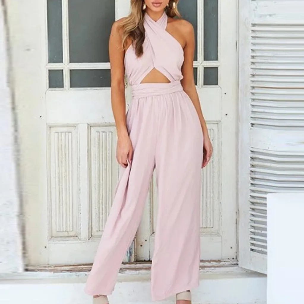 

Jumpsuit bodycon Fashion Women Holiday Wide Leg Pants Long Bow Jumpsuit Backless Strappy Overalls Plus Size Playsuit elegant