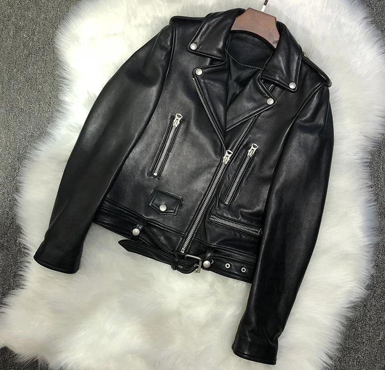 

2019 Women's Genuine Leather Motorcycle Biker Short Coat High Street Lady Jacket Couple Slim Zipper Pure Leather Jacket