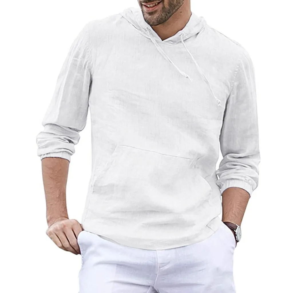 Men's Loose Linen Shirts Male Solid Color Oversized Cotton Linen Shirt Men Casual Hooded White Flax Shirt M-3XL Camisa Masculina