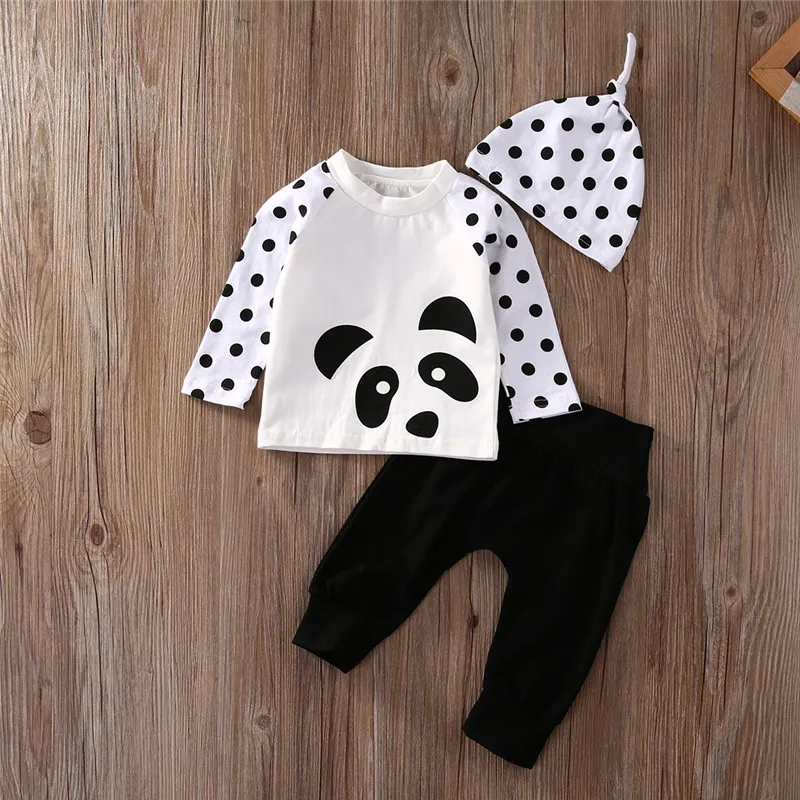 

3PCS Set Newborn Baby Girls Boys Clothes Cute Infant Bebes Panda Dot T-shirt Tops Pant Hat Outfit Bebek Giyim Clothing Set 0-24M