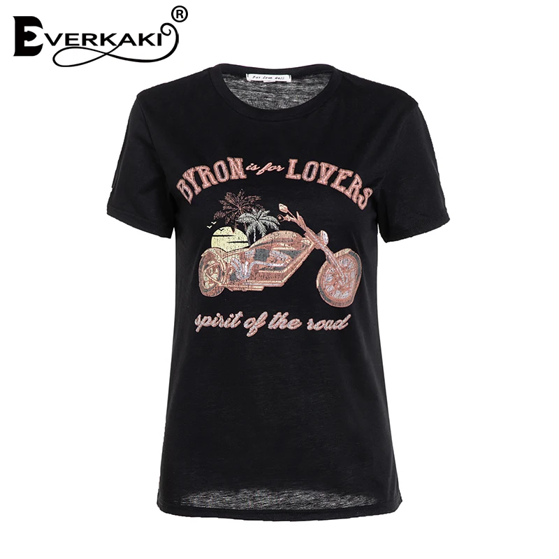 Beste Everkaki Vintage t shirt Vrouwen Motorfiets Patroon Retro T shirt Tees Tops Korte Mouwen Boho Print Tee Shirt Zomer 2019