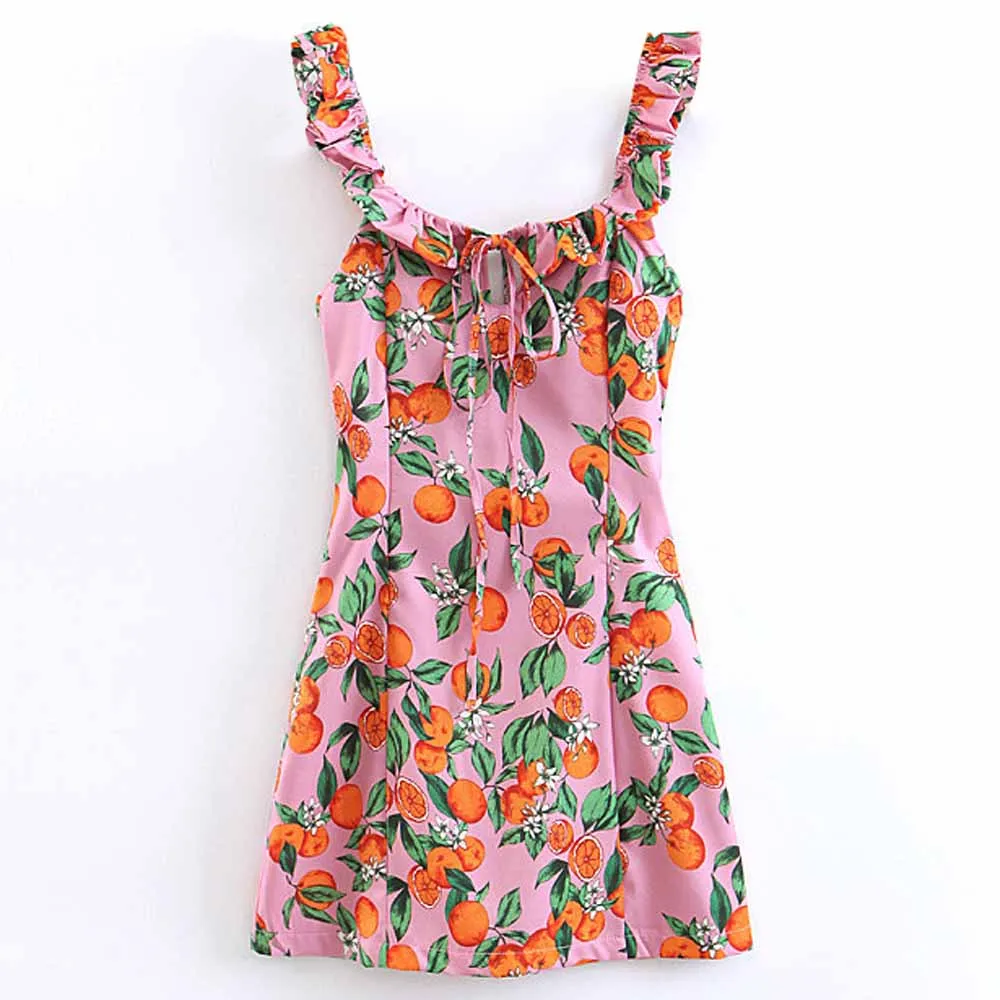 

FIRSTTO Bohemian Orange Fruit Square Collar Backless Chest Lacing up Tied Bow Wood Ears Sleeveleeve Short Mini A-Line Dress