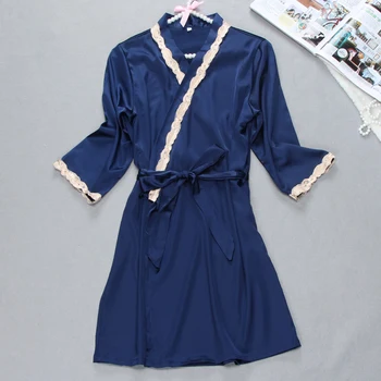 

Ladies Silk Satin Bathrobe Lace Kimono Robe Fashion Night Robe Three Quarter Sleeve Bath Robe Elegant Dressing Gown For Women