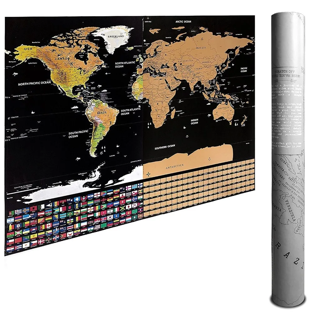 

Scratch Off World Map - Scratch Off Travel Map with US States & Country Flags- Large Deluxe Edition with Black Background & Gold
